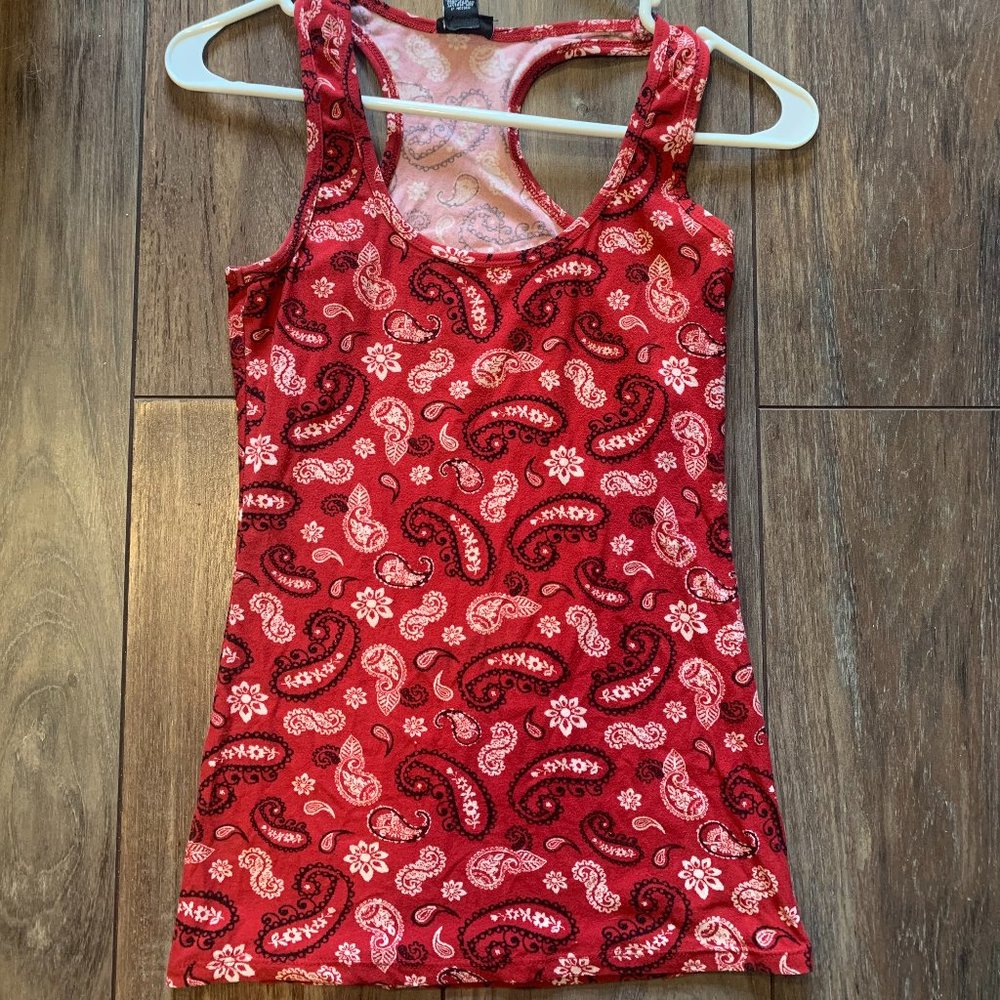 red and white paisley design tank top